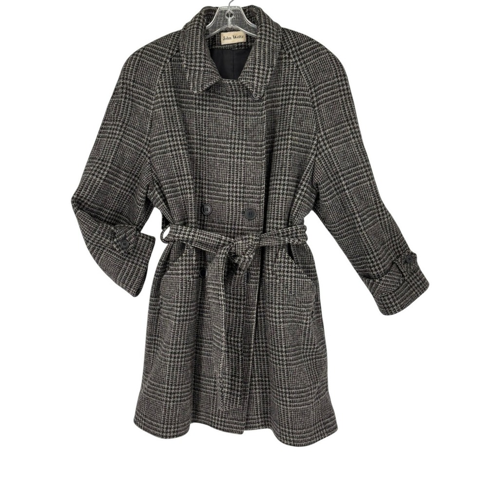 John Weitz Wool Trench Coat Mens L Grey Glen Plaid Vintage Belted Double Breast